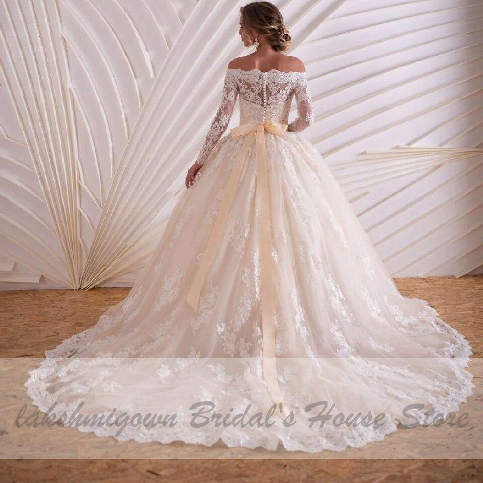 Luxury Champagne Wedding Dress Long Sleeve Lace Elegant