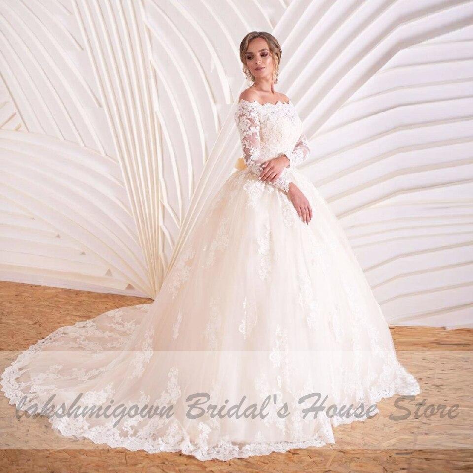 Luxury Champagne Wedding Dress Long Sleeve Lace Elegant