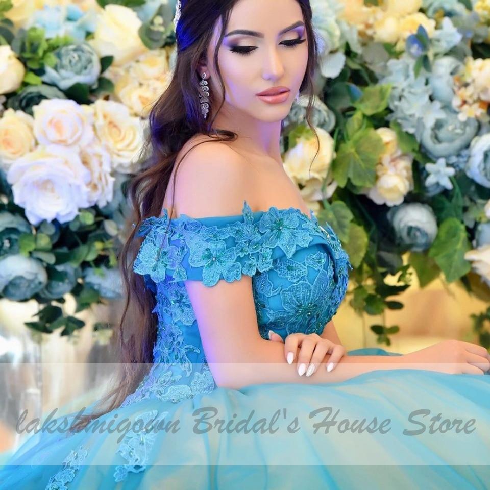 Luxury Dubai Floral Blue Wedding Gowns Off Shoulder Princess