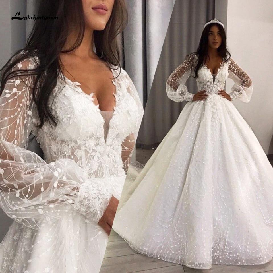Luxury Dubai Lace Wedding Gowns Puffy Long Sleeves