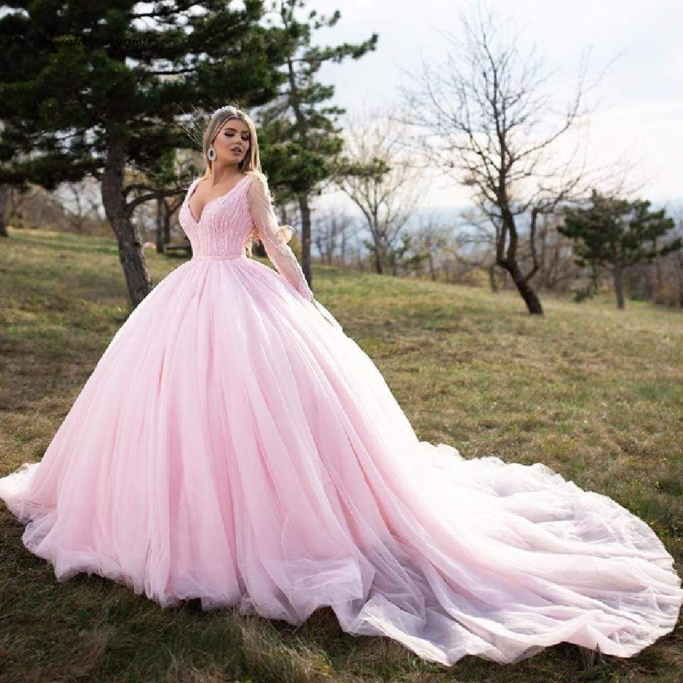 Stunning Winter 2018 Long Sleeve Formal Gown With Long Sleeves, V Neck, A  Line Sweep Train, Blush Pink Lace, And Silver Grey Tulle Perfect For Prom  From Dress_1st, $144.73 | DHgate.Com