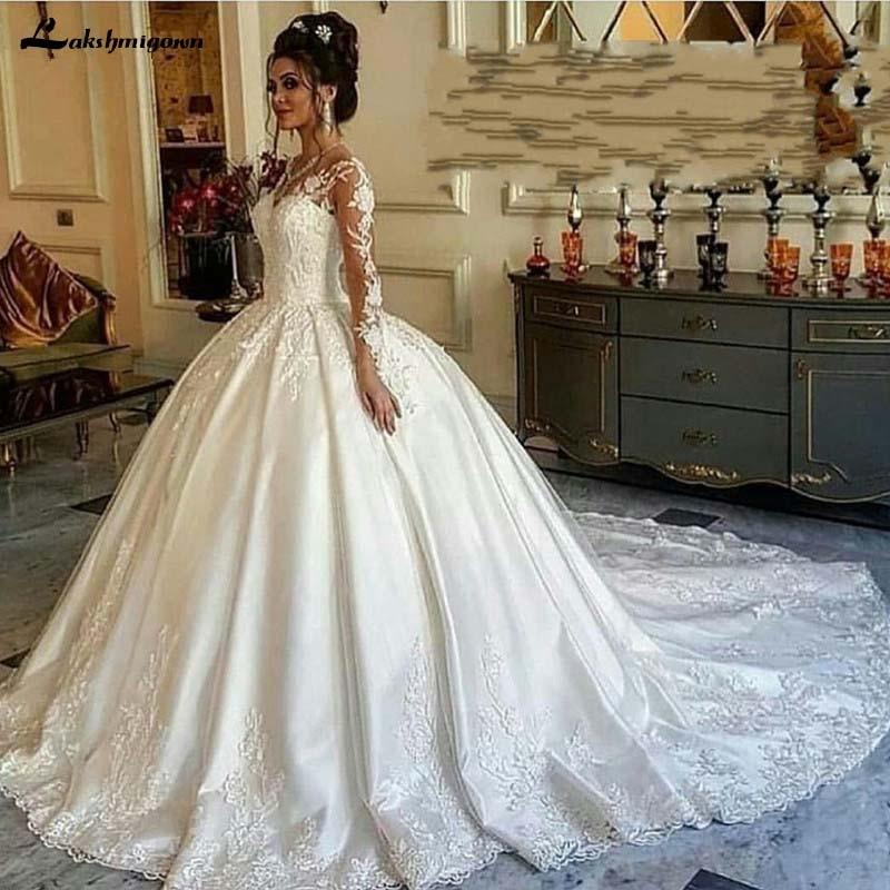 Luxury Long sleeve Muslim satin wedding dress Ball gown - ROYCEBRIDAL OFFICIAL STORE