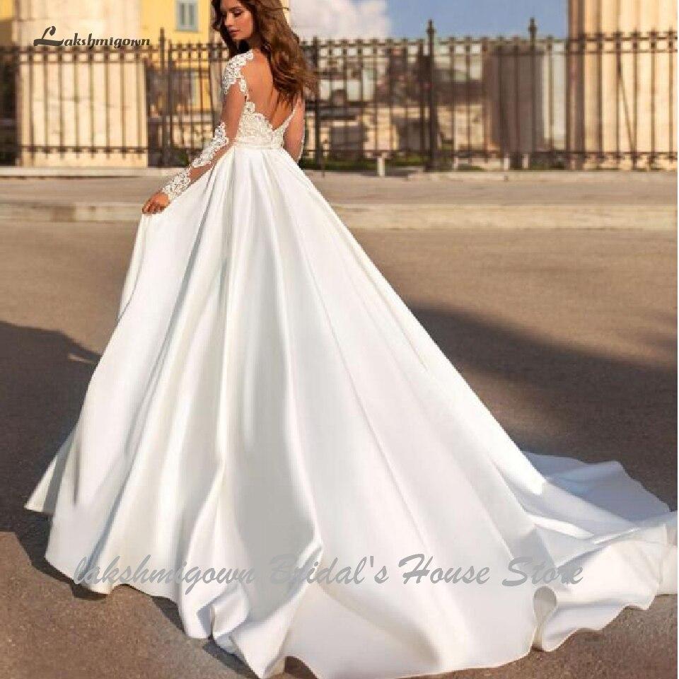 Luxury Satin Wedding Dress Long Sleeve Sheer Illusion Lace Top