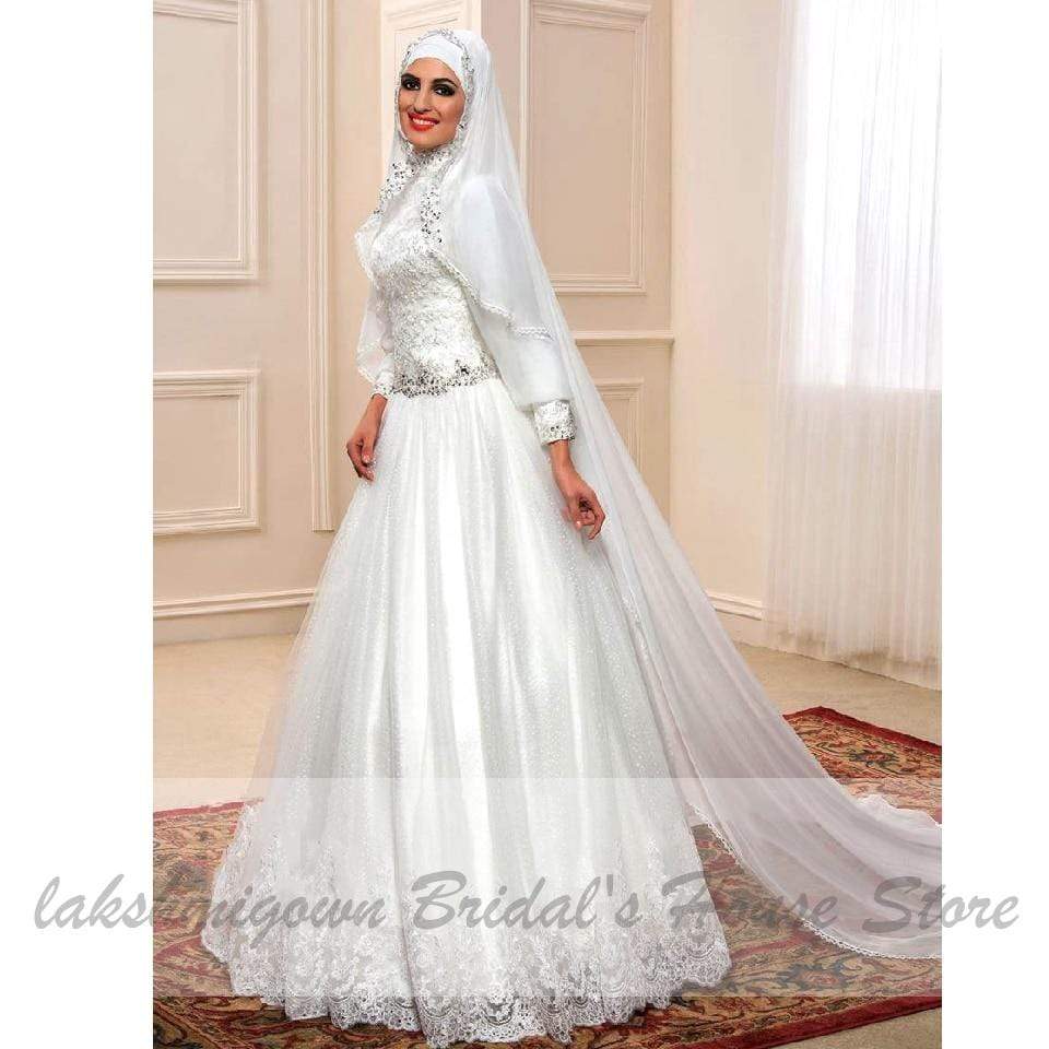 Muslim Princess Wedding Dress with Hijab  Plus Size Lace Appliques - ROYCEBRIDAL OFFICIAL STORE