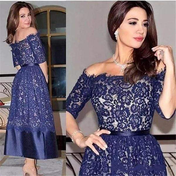Vintage Mother of the Bride Dresses Navy Blue Lace and Satin Ankle Off the Shoulder 1/2 Sleeves Women Evening Party Gown