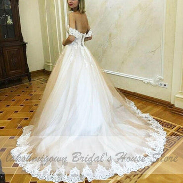 Off Shoulder Princess Bridal Gown Vintage Lace Appliques Wedding Dresses - ROYCEBRIDAL OFFICIAL STORE