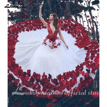 Red And White Vintage Wedding Dress Lace Bridal Gown - ROYCEBRIDAL OFFICIAL STORE