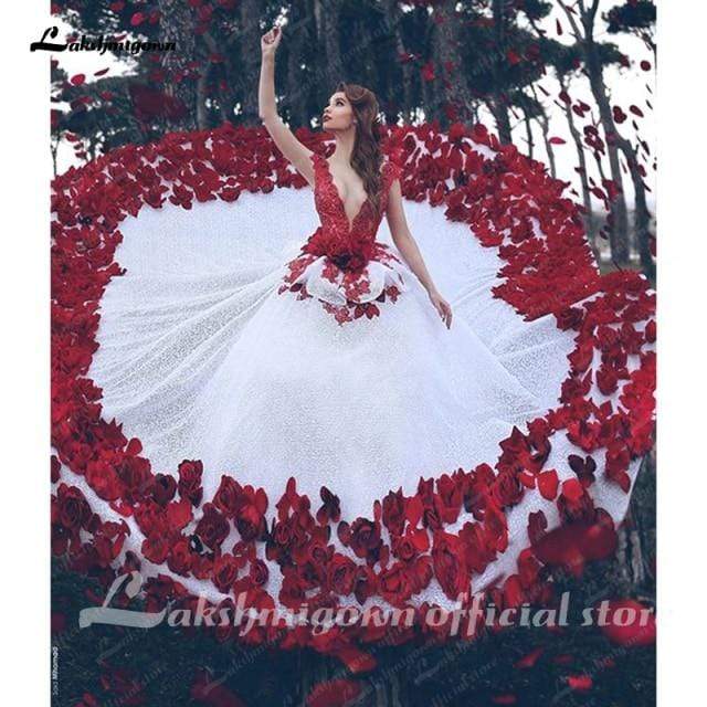 Red And White Vintage Wedding Dress Lace Bridal Gown - ROYCEBRIDAL OFFICIAL STORE