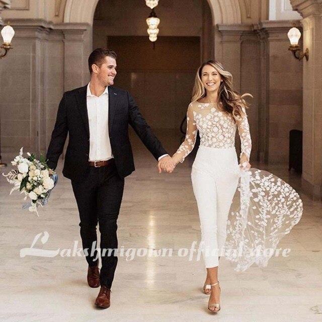 Lace Floral Wedding Jumpsuit With Train Jewel Neck Long Sleeve - ROYCEBRIDAL OFFICIAL STORE
