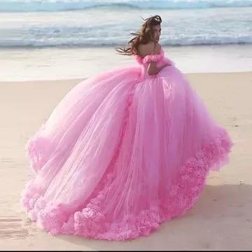 Romantic Poofy Pink Floral Wedding Dresses Off the Shoulder