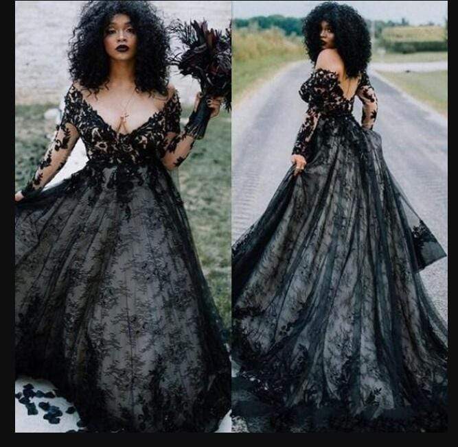 Black Gothic Wedding Dresses Plus Size Long Sleeve V Neck Sequins Lace  Appliqeus