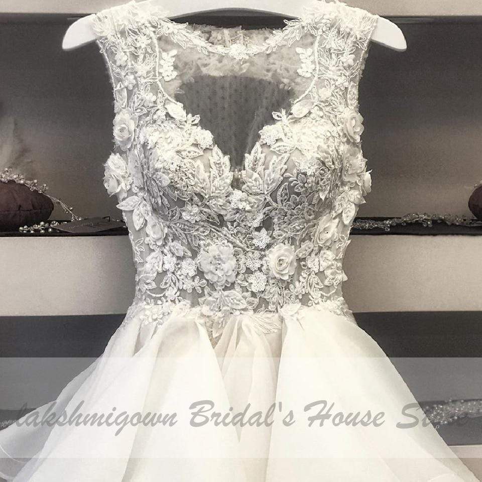 Pretty Organza Ruffles Wedding Dress Short Vintage Lace Flowers