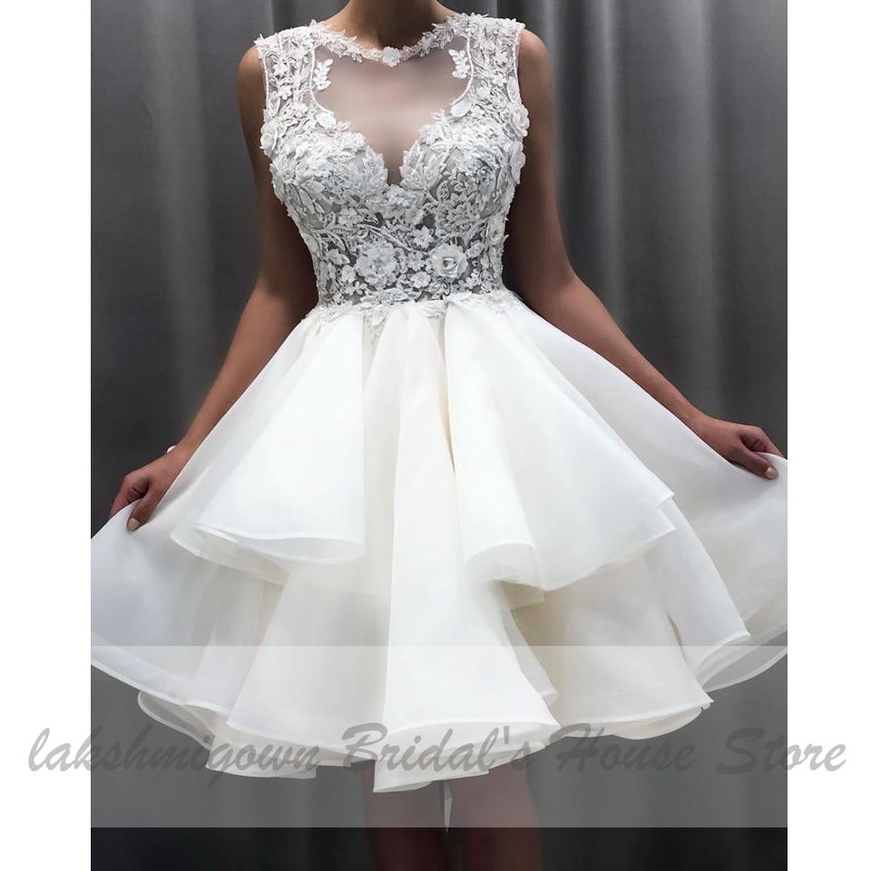 Pretty Organza Ruffles Wedding Dress Short Vintage Lace Flowers - ROYCEBRIDAL OFFICIAL STORE