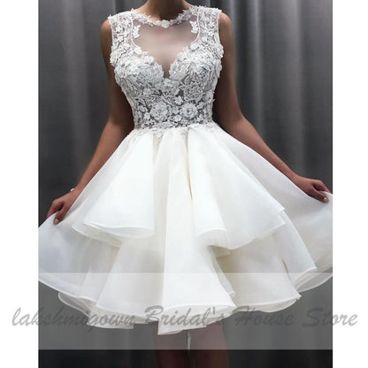 Pretty Organza Ruffles Wedding Dress Short Vintage Lace Flowers - ROYCEBRIDAL OFFICIAL STORE