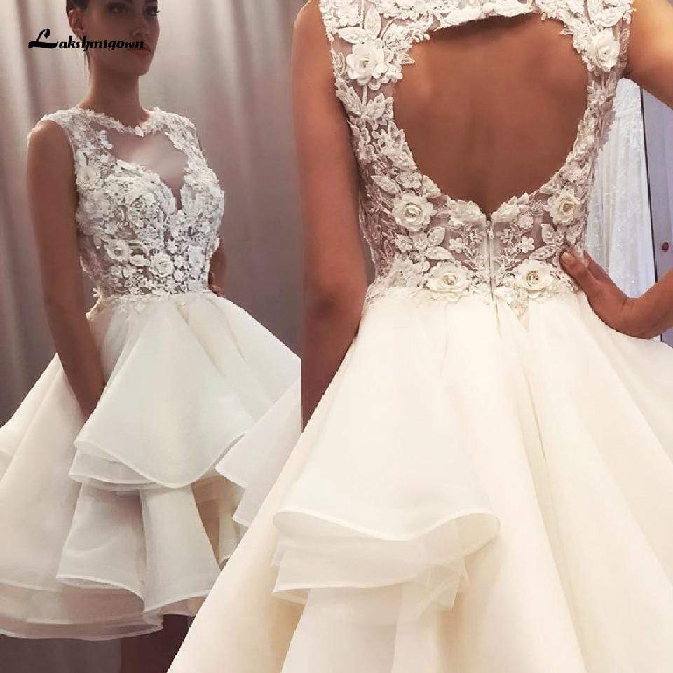 Pretty Organza Ruffles Wedding Dress Short Vintage Lace Flowers - ROYCEBRIDAL OFFICIAL STORE