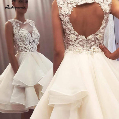 Pretty Organza Ruffles Wedding Dress Short Vintage Lace Flowers - ROYCEBRIDAL OFFICIAL STORE