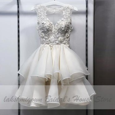 Pretty Organza Ruffles Wedding Dress Short Vintage Lace Flowers - ROYCEBRIDAL OFFICIAL STORE