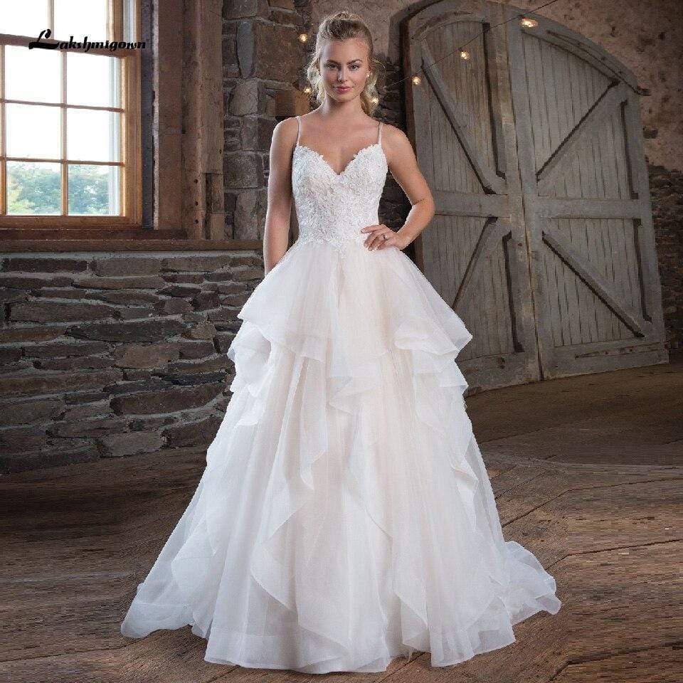 Princess A Line Organza Wedding Dress Spaghetti Straps - ROYCEBRIDAL OFFICIAL STORE