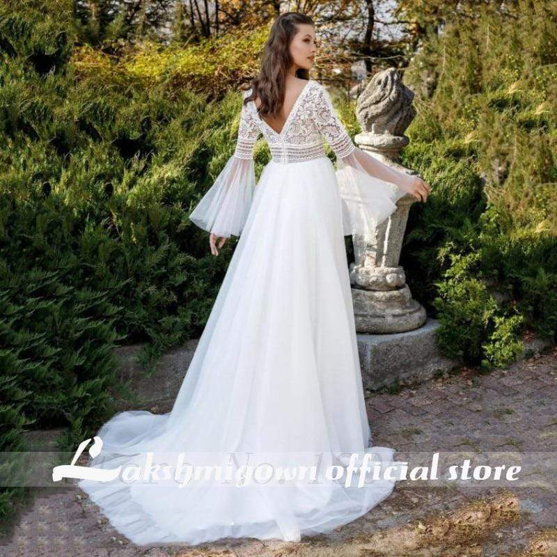 Princess Flare Sleeve Wedding Dresses V Neck A Line Tulle