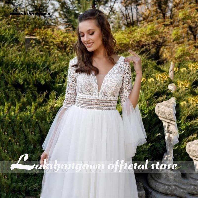 Princess Flare Sleeve Wedding Dresses V Neck A Line Tulle
