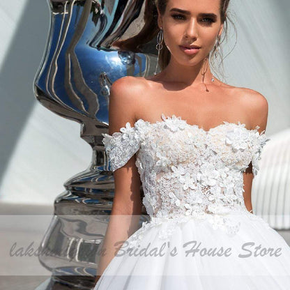 Princess Off Shoulder Wedding Dress Lace Up Back - ROYCEBRIDAL OFFICIAL STORE