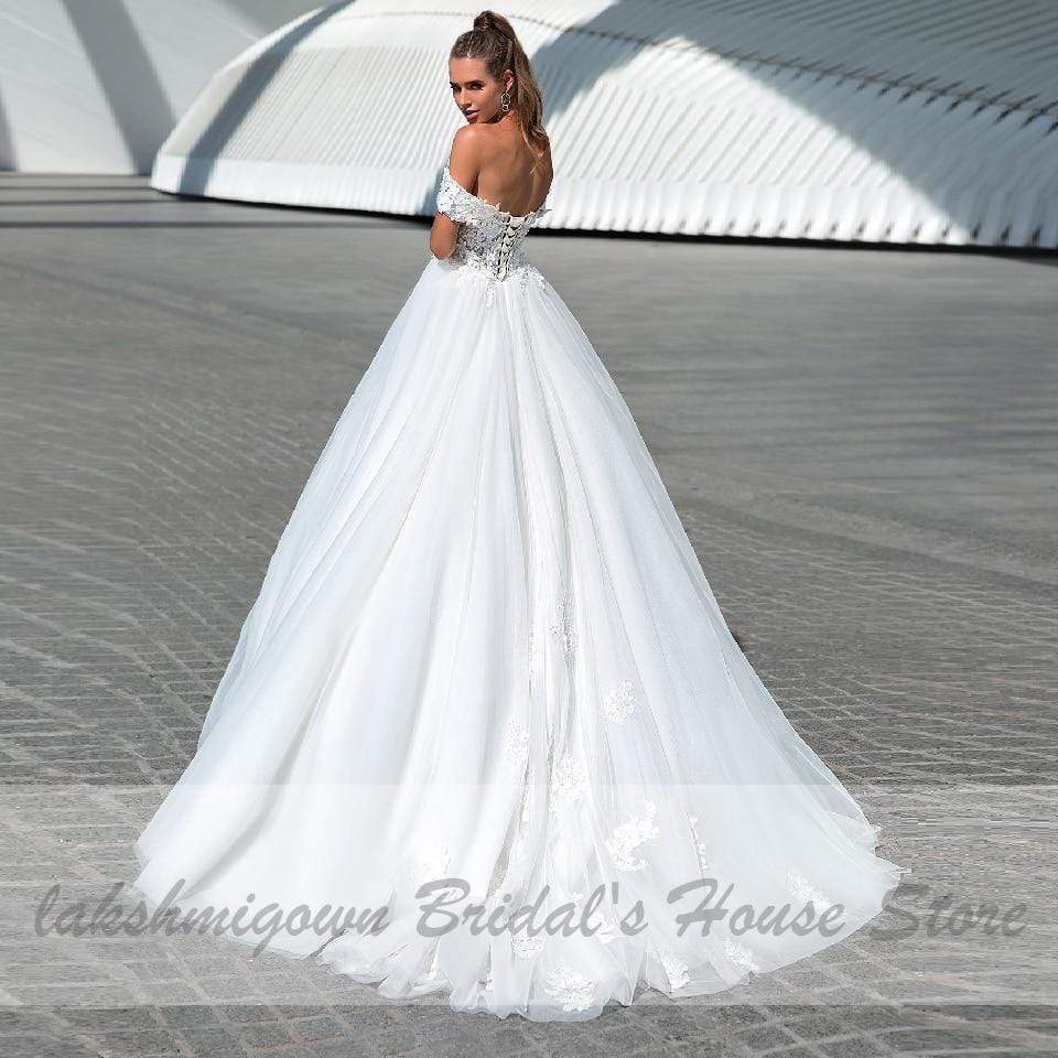 Princess Off Shoulder Wedding Dress Lace Up Back - ROYCEBRIDAL OFFICIAL STORE
