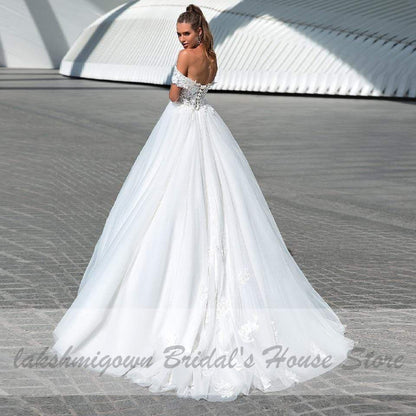 Princess Off Shoulder Wedding Dress Lace Up Back - ROYCEBRIDAL OFFICIAL STORE
