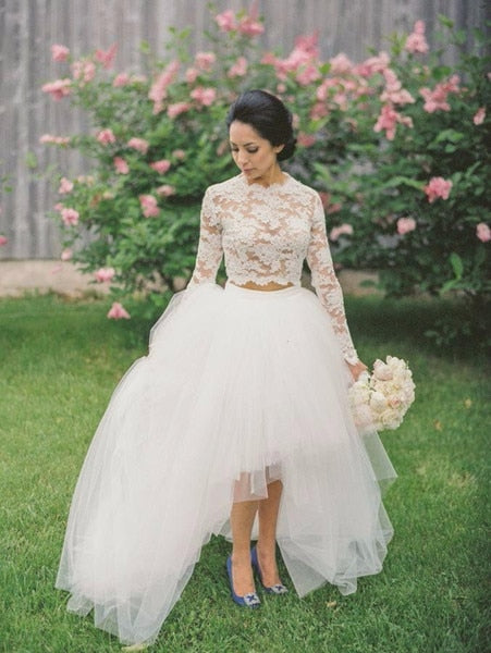 Wedding Dresses 2019 Two Pieces High Low Tulle Skirt Lace Top Long Sleeves Crew Women Bridal Gown robe de mariee novia mariage