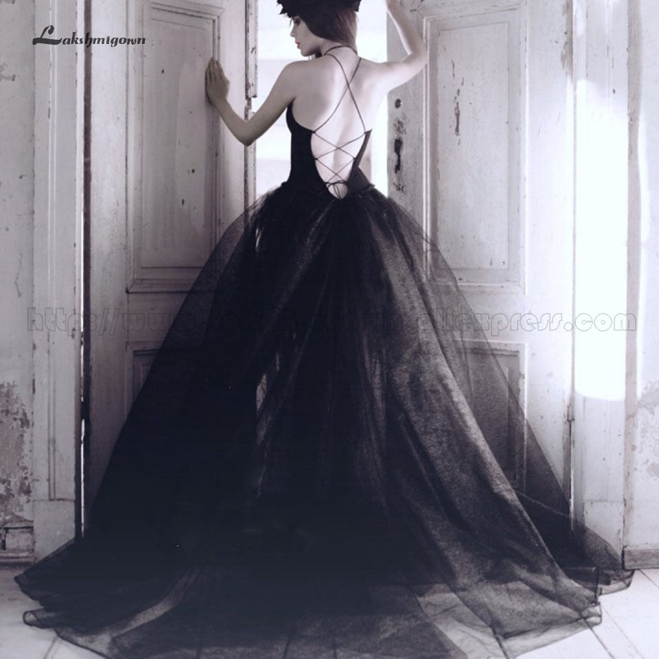 Lakshmigown Gothic Black Wedding Dress A Line 2019 Sexy Tulle Bridal Gown Open Back Simple  Elegant Wedding Dresses Robe Mariage - ROYCEBRIDAL OFFICIAL STORE
