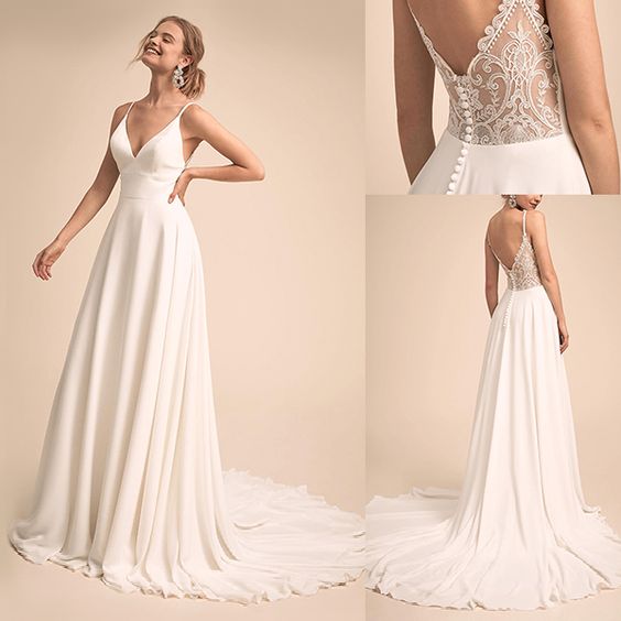 Simple Charming V-neck Neckline Beach Wedding Dress With Lace Back  Bridal Dress 2024