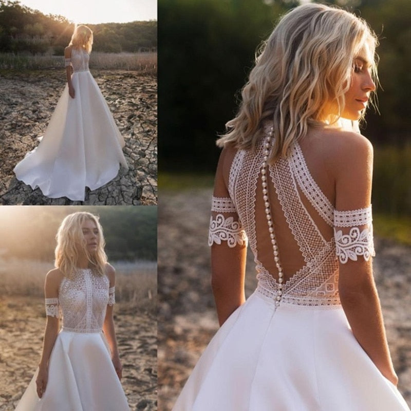 Robe De Mariee Bohemian Wedding Dresses New Design Lace Satin Bridal Gowns  Button Back A-Line Wedding Dress