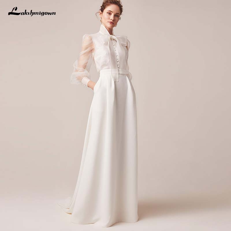Vintage Ivory Bridal Wedding Gowns Satin Long Sleeves Illusion Jewel Neck Bridal Dresses