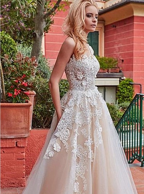 Marvelous Tulle Jewel Neckline A-line Wedding Dress With Lace Appliques & 3D Flowers Champagne Bridal Gowns