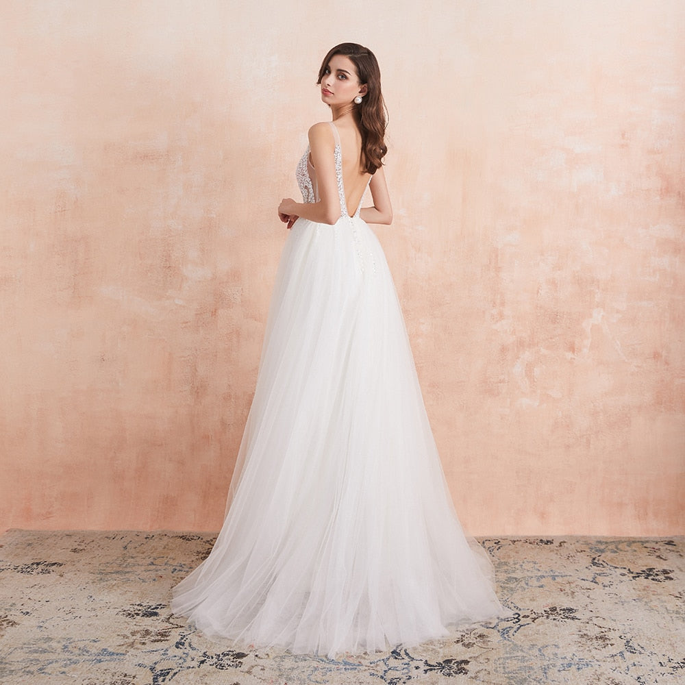 Roycebridal V Neck Wedding Dress White Ivory Sexy High Splits Beaded Beading Pearls Crystal A Line Backless Bridal Gown Vestido De Noiva