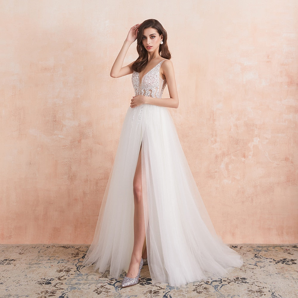 Roycebridal V Neck Wedding Dress White Ivory Sexy High Splits Beaded Beading Pearls Crystal A Line Backless Bridal Gown Vestido De Noiva