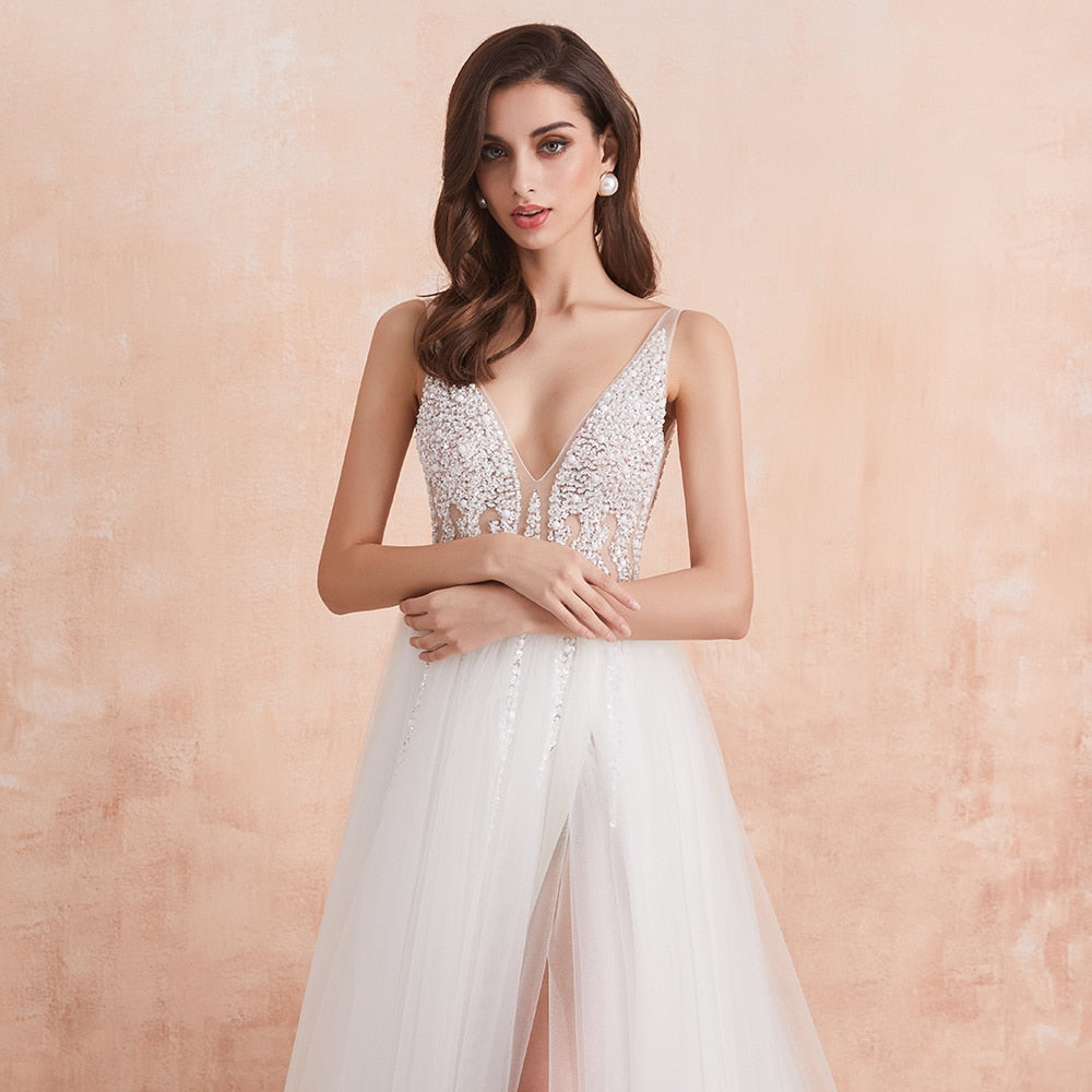 Roycebridal V Neck Wedding Dress White Ivory Sexy High Splits Beaded Beading Pearls Crystal A Line Backless Bridal Gown Vestido De Noiva