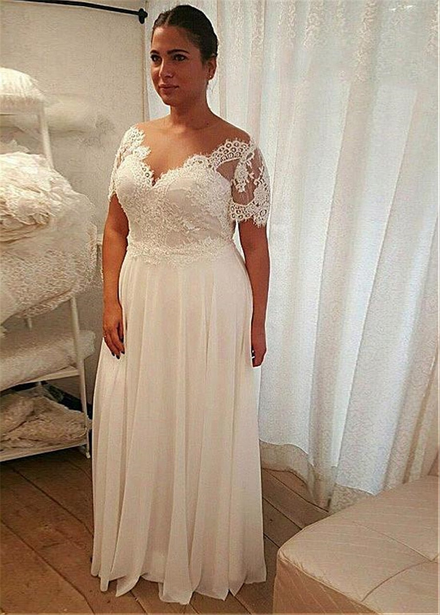 Chiffon A-line Plus Size Wedding Dress With Beaded Lace Appliques Short Sleeves Lace Up Back 28W Size Bridal Dresses
