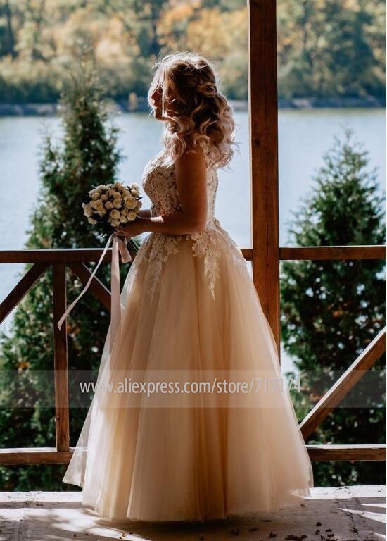V-neck Lace Applique Cap Sleeve Long Elegant A-line Wedding Dress with Lace-up Pearls Champagne Bridal Dress vestido de novia