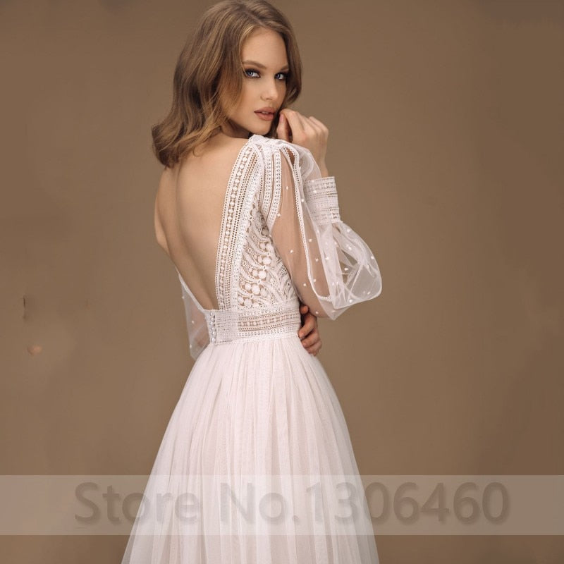 Elegant A-Line Wedding Dress Puff Sleeves Tulle Boho Wedding Gowns Sexy Backless Vestido De Novia Princess Wedding Party Dress