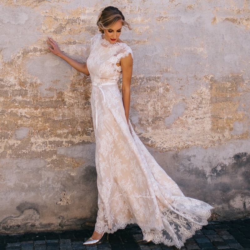 2024 Vintage Champagne Lace Bohemian Wedding Dress A Line Cap Sleeve