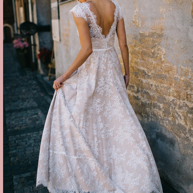 2024 Vintage Champagne Lace Bohemian Wedding Dress A Line Cap Sleeve
