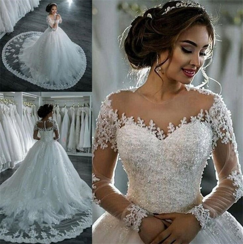 Vestidos De Noiva 2021 Elegant A-Line suknia slubna Wedding Dress Tulle Appliques Beaded Princess Lace Wedding Gowns trouwjurk