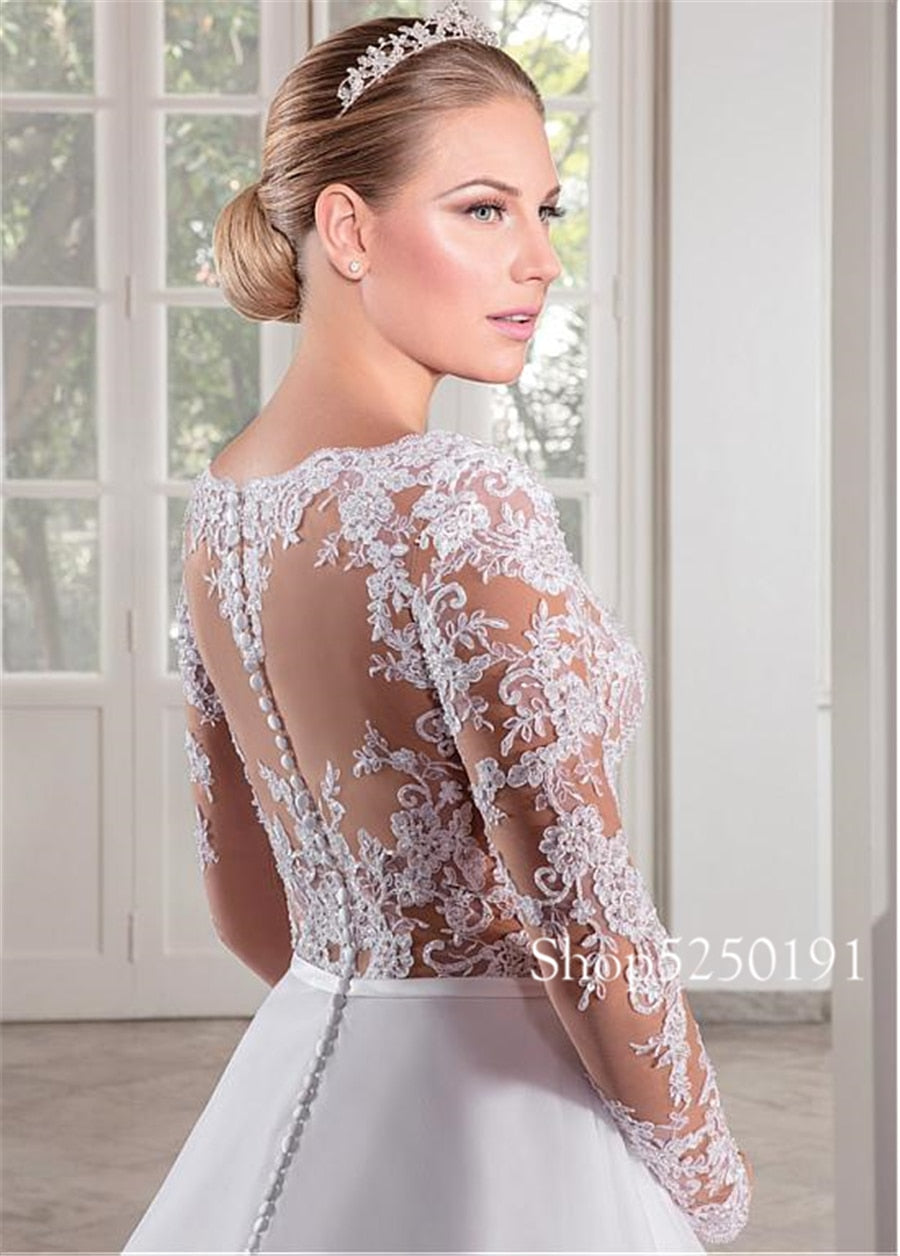 Marvelous Tulle V-neck Neckline See-through Bodice A-line Wedding Dress Long Sleeves Illusion Back Bridal Gowns