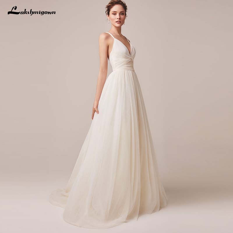 Sexy Spaghetti Straps Tulle Wedding Dress Vestido De Novia Sleeveless V-neck Backless Bride Dresses Robe De Mariage
