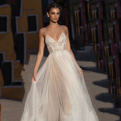 Eightree Beach Wedding Dress Boho vestido de noiva Bohemian Lace Bridal Dress Backless Spaghetti Straps V Neck Wedding Gowns - ROYCEBRIDAL OFFICIAL STORE