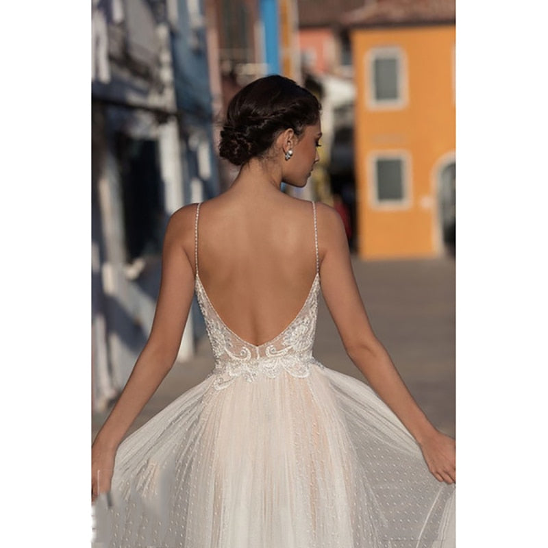 Eightree Beach Wedding Dress Boho vestido de noiva Bohemian Lace Bridal Dress Backless Spaghetti Straps V Neck Wedding Gowns - ROYCEBRIDAL OFFICIAL STORE