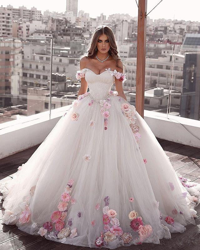 Glamorous Princess Weeding Dresses 2021 Engagement Dress A-Line Hand Made Flowers Tulle Brides Dress Plus Size wedding dresses