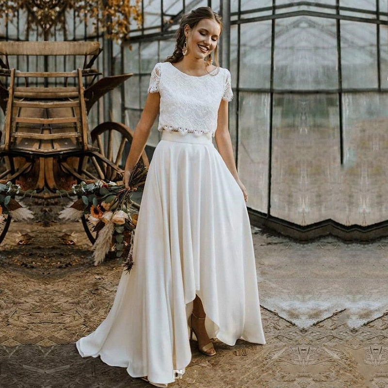Bohemian Two Pieces Wedding Dresses 2021 Lace Top Short Sleeve Bridal –  ROYCEBRIDAL OFFICIAL STORE