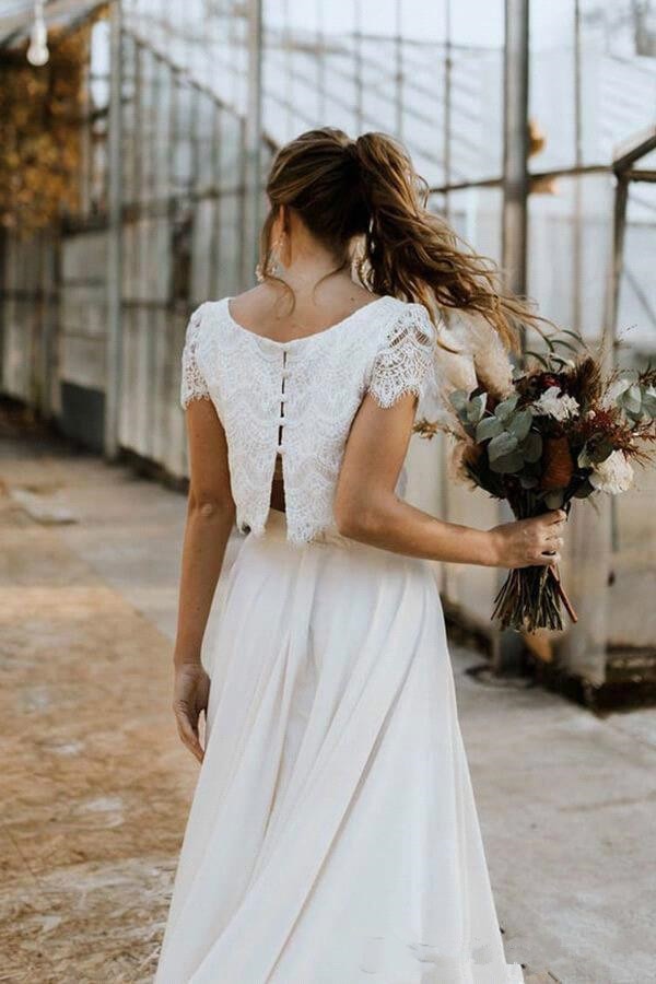Bohemian Two Pieces Wedding Dresses 2021 Lace Top Short Sleeve Bridal Gown Jewel Neck Beach Wedding Gown Vestidos De Novia