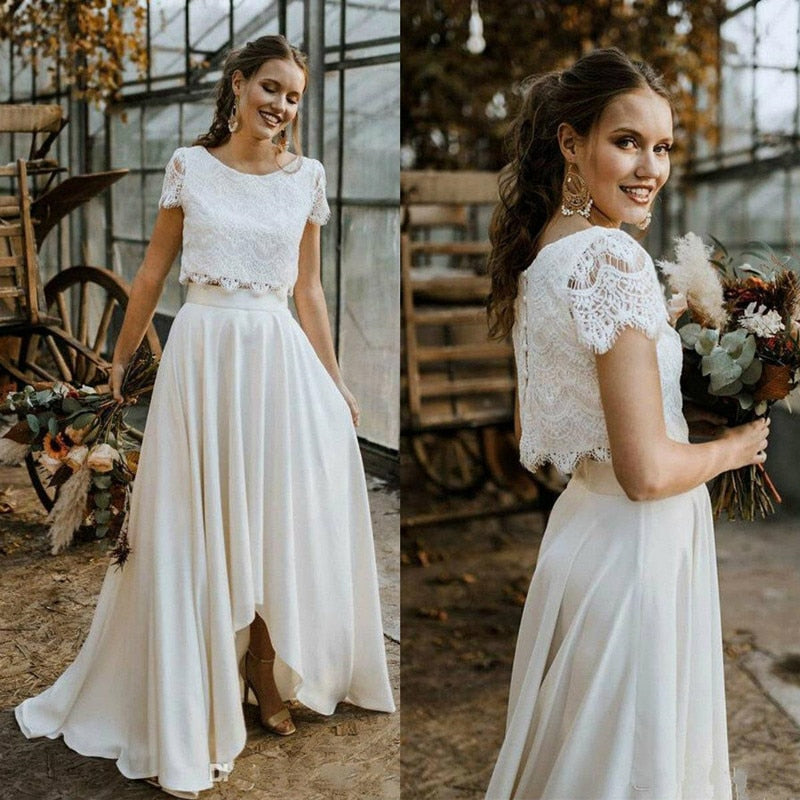 Roycebridal Bohemian Two Pieces Wedding Dresses 2021 Lace Top Short Sl ROYCEBRIDAL OFFICIAL STORE